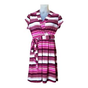 Liz Claiborne Striped Wrap Dress Large L Polyester Spandex Tie Waist Work